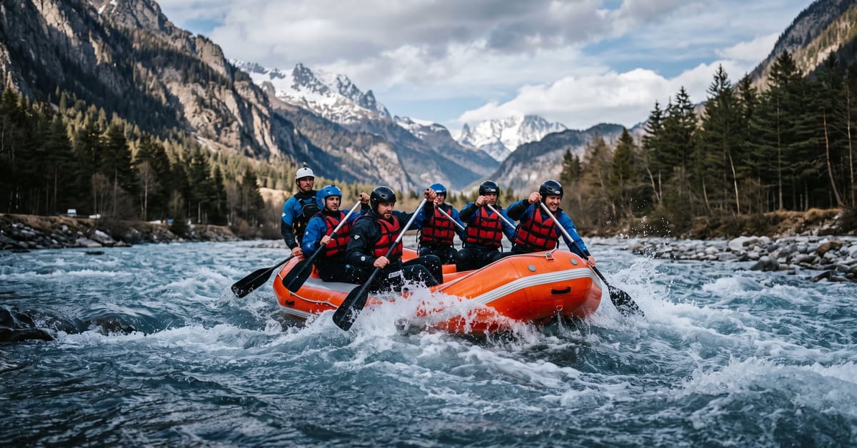 Rafting eaux vives sur l'Arve à Chamonix, groupe de pagayeurs dans les rapides alpins